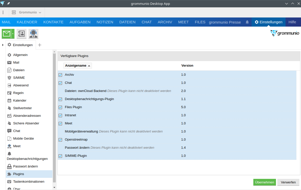 Captura de tela das configurações do grommunio Desktop